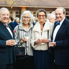 Trustees and gala guest stand with cocktails in Museum courtyard.