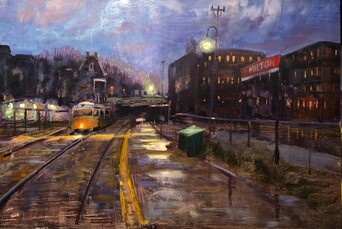 Yellow metro car pulling into the Milton T stop at an above group station at night.