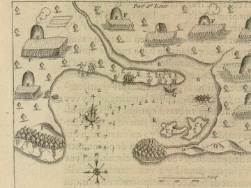 Port St. Louis with Wampanoag houses and gardens, French and Native boats, and groups of people. Depth soundings are numbered in fathoms.