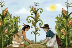 Two women planting corn