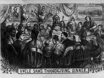 Diverse people at a dining table under portraits of American Presidents. Text: Uncle Sam’s Thanksgiving Dinner. Come one come all. Free and Equal.