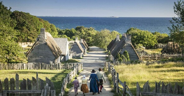 Pilgrim family in english village