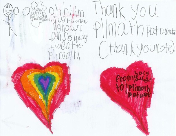 Children’s thank you note. Text: How am I so lucky I am at Plimoth. Oh hi I’m just wondering how I am so lucky I went to Plimoth. Thank you Plimoth Patuxet. (Thank you note). From Lucy Lucs. To Plimoth Patuxet.