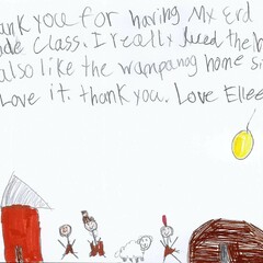 Children’s thank you note. Text: Thank you for having my 3rd grade class. I really liked the house. I also like the Wampanoag homesite. I love it. Thank you. Love Ellee.