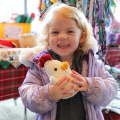 A young, blonde girl smiles as she holds a hand-made stuffed chicken at the Winter Fair.