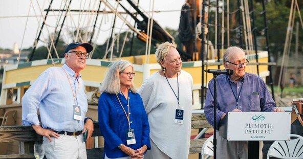Plimoth Patuxet Trustees deliver an address on the pier before Mayflower II.