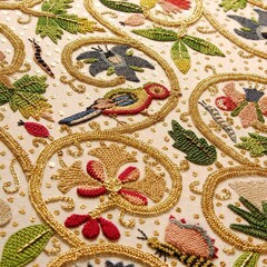 Colorful embroidery of birds, bees, and flowers on a white background.