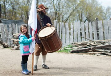 English village young girl flag pilgrim drum