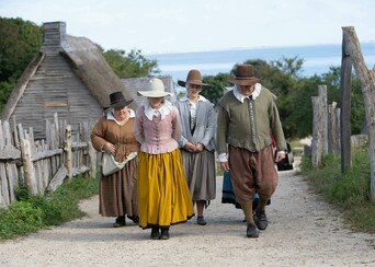Pilgrims walking english village
