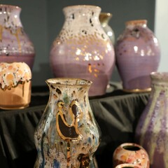 Multiple pieces of pottery on tiered shelves.