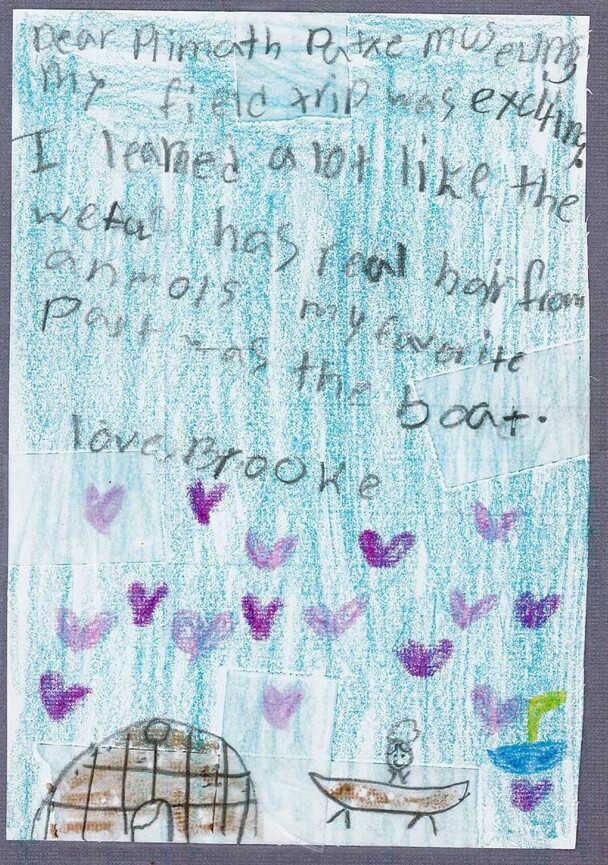 Thank you note from a child who experienced a field trip at the Museum. The thank you not concludes with purple hearts, a drawing of a wetu, and a mishoon.