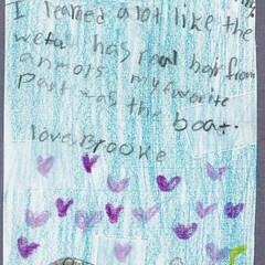 Thank you note from a child who experienced a field trip at the Museum. The thank you not concludes with purple hearts, a drawing of a wetu, and a mishoon.
