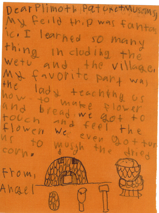 Thank you note from a child who visited the Museum on a field trip. The note is written on orange construction paper and includes drawings the oven in the 17th-Century English Village.
