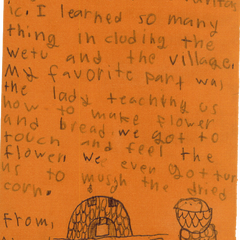 Thank you note from a child who visited the Museum on a field trip. The note is written on orange construction paper and includes drawings the oven in the 17th-Century English Village.