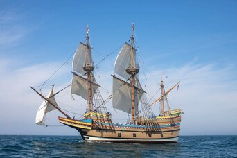 Mayflower II sails on open ocean ocean