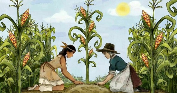 A Wampanoag woman and a Pilgrim woman work together to plant corn