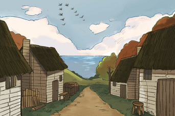 Gray, clapboard houses with thatched roofs line a dirt road leading to the ocean