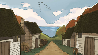 Gray, clapboard houses with thatched roofs line a dirt road leading to the ocean