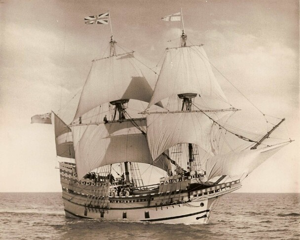 Historic image of Mayflower II sailing on the ocean