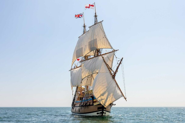 Mayflower under sail on blue sea