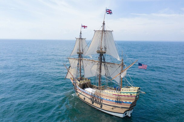 Mayflower under sail on vast sea