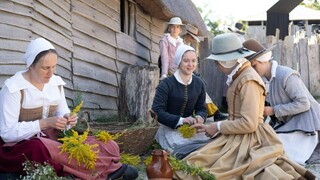 A group of seated Pilgrim women gather flowers outside of a grey house