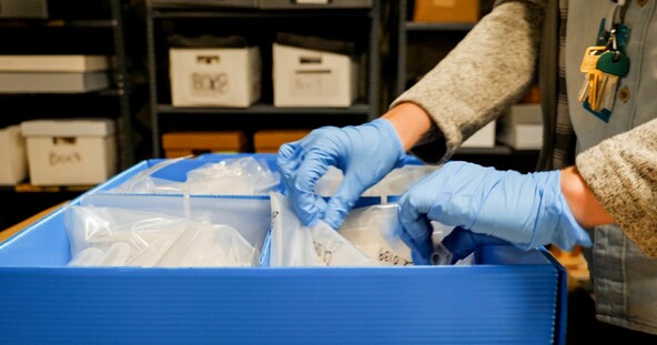Curator wearing blue gloves looks through box of artifacts