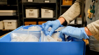 Curator wearing blue gloves looks through box of artifacts