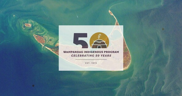 Satellite view of Nantucket Island and surrounding water with the fiftieth Wampanoag Indigenous Program logo superimposed over the Island.