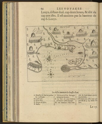 Port St. Louis with Wampanoag houses and gardens, French and Native boats, and groups of people. Depth soundings are numbered in fathoms.