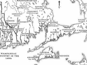 Map of 1600s Wampanoag territory in what is now Massachusetts and Rhode Island. Map indicates the Wampanoag name of a village and its modern name.