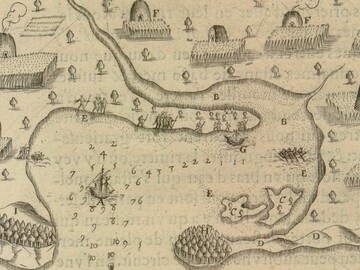 Port St. Louis with Wampanoag houses and gardens, French and Native boats, and groups of people. Depth soundings are numbered in fathoms.