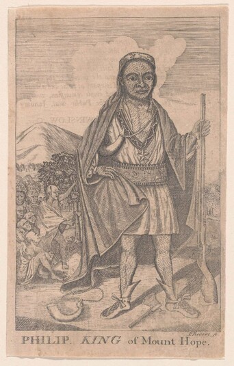 Full-length portrait of Philip, King of Mount Hope, within a mountain landscape. He holds a rifle and Indigenous people are behind him.