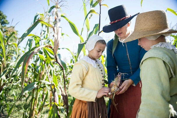 Pilgrim mother and children inspect corn in field