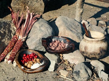 Cooking vessel and ingredients gathered at the Historic Patuxet Homesite Cooking Arbor