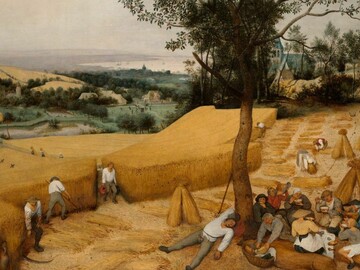 Peasants harvest wheat with scythes. A group of peasants rest under a tree by eating, drinking and sleeping.