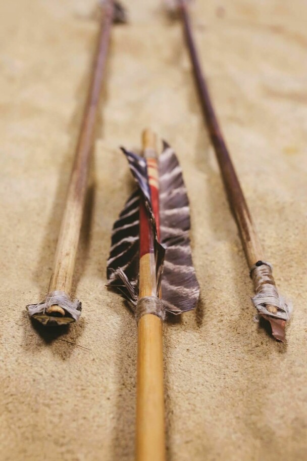 Three brass pointed arrows on a fur.