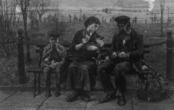 Immigrants at Castle Garden, in New York City, share a meal on a picnic bench.