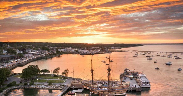 Aerial view of sunset over Mayflower II.