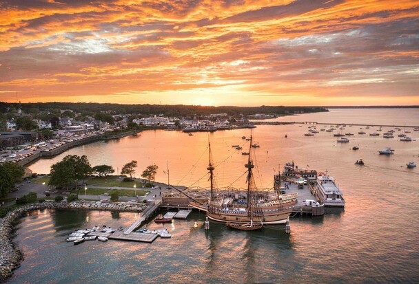 Aerial view of sunset over Mayflower II.