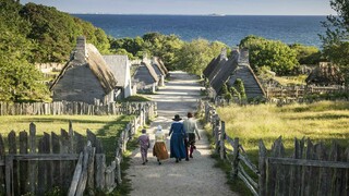 Pilgrim family in english village