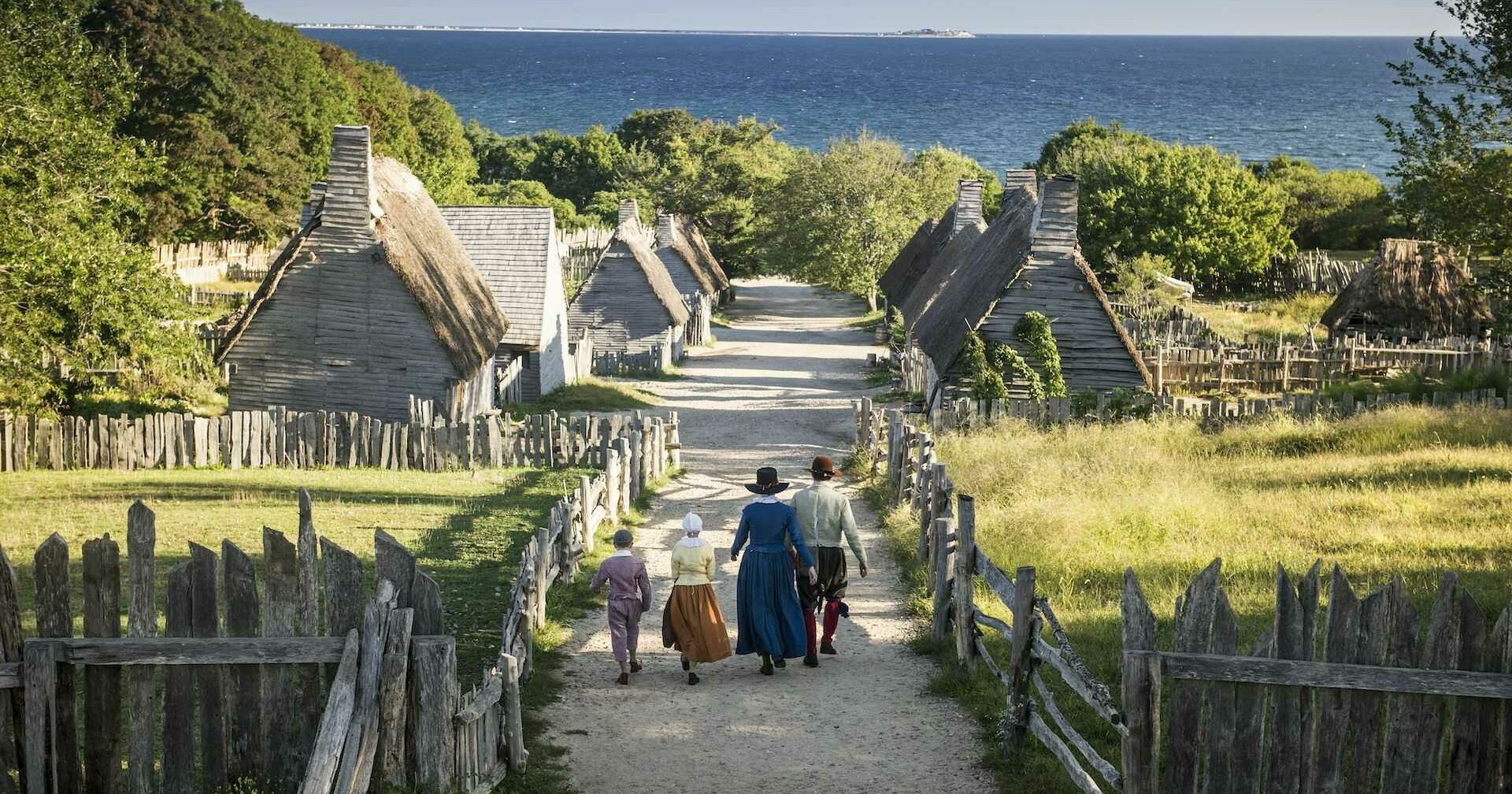 Pilgrim family in english village