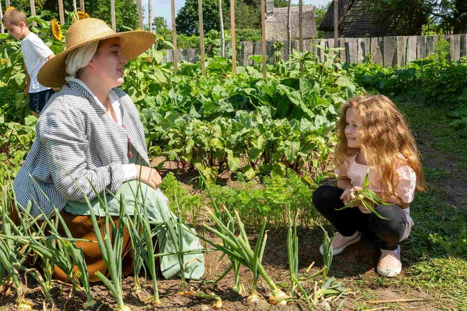 Girl helping pilgrim in garden