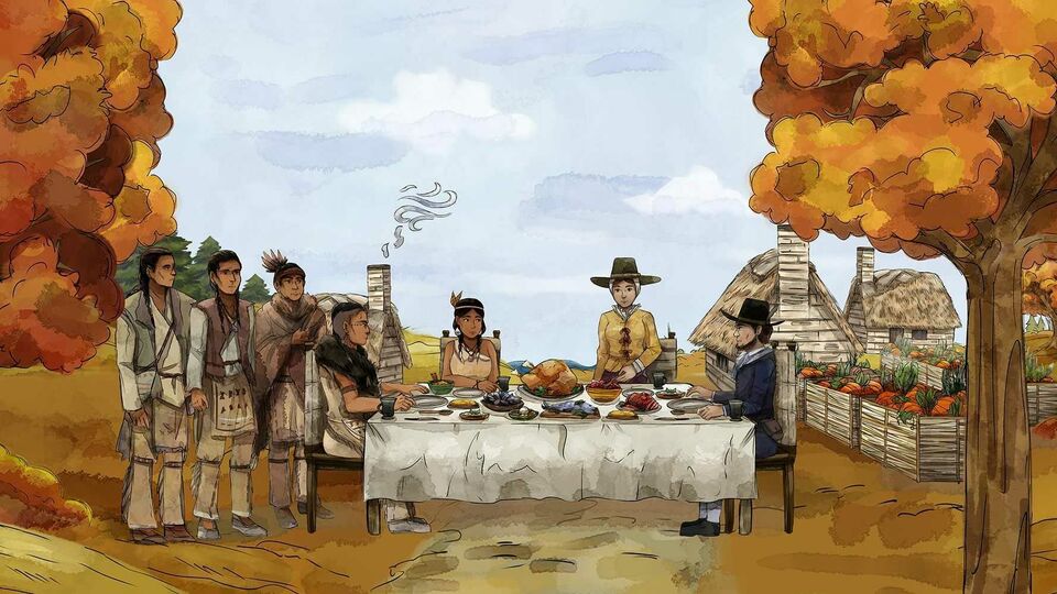 The Wampanoag and Pilgrims join each other a table on the First Thanksgiving