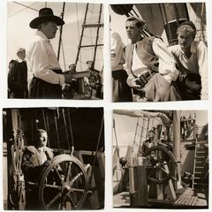 Collage of photos depicting men in costume aboard mayflower