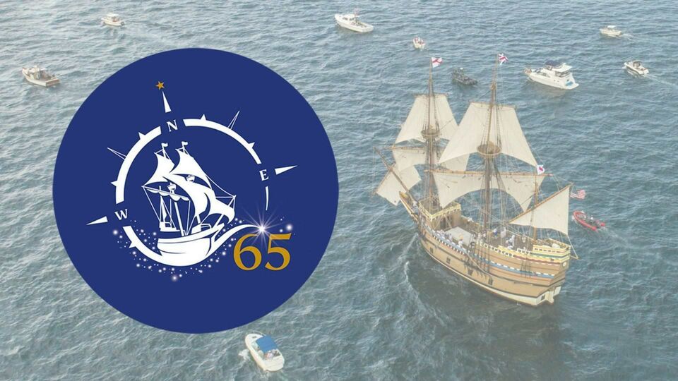 Mayflower under sail with anniversary logo