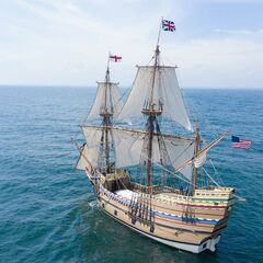 Mayflower under sail on vast sea