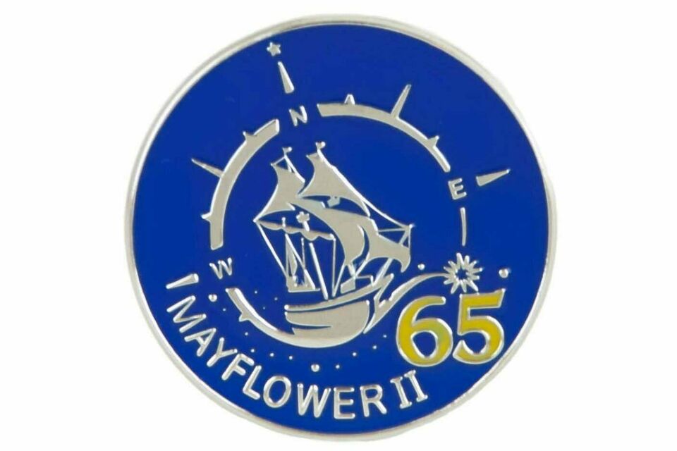 Silver tallship in compass on blue circle mayflower ii 65