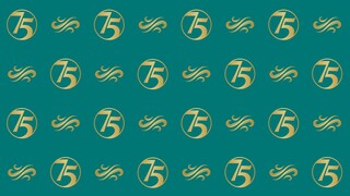 Teal background with gold 75 logo and winds of change logo