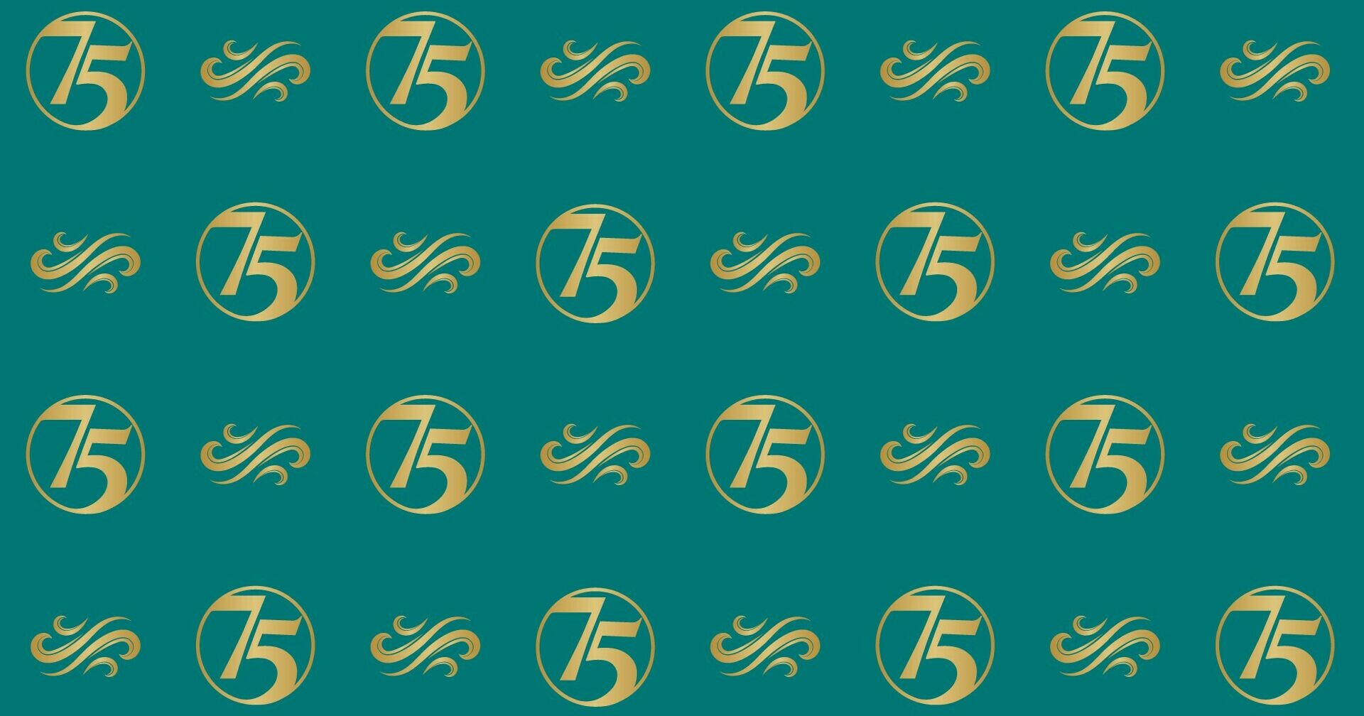 Teal background with gold 75 logo and winds of change logo